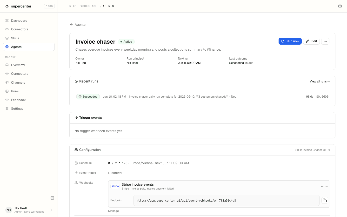 An agent's settings — model, spend cap and notifications.