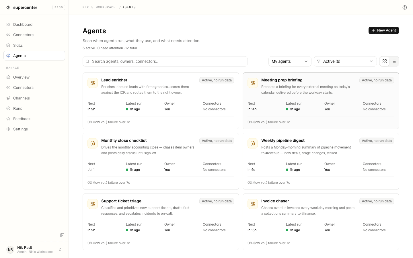 The agents dashboard — each agent with its schedule, status, and most recent run at a glance.